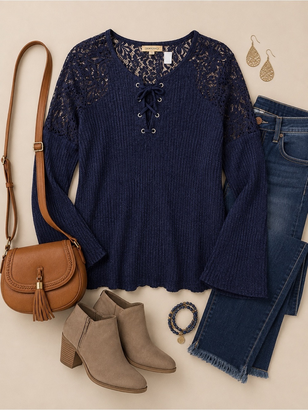 Democracy Navy Blue Lace Shoulder Lace-Up Long Sleeve Top
